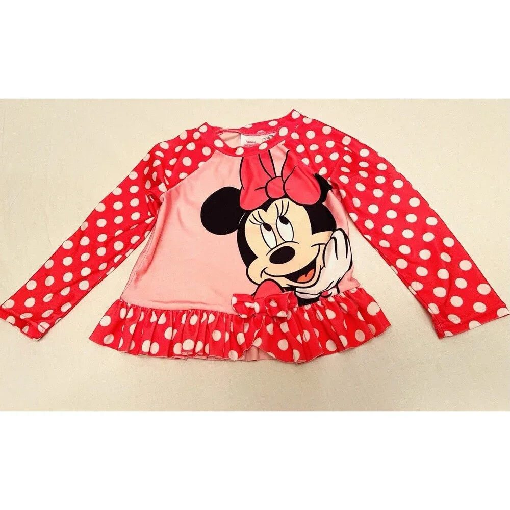 Disney Junior Minnie Mouse 3T Pink/Red/White Polka Dot Long Sleeve Rash Guard
